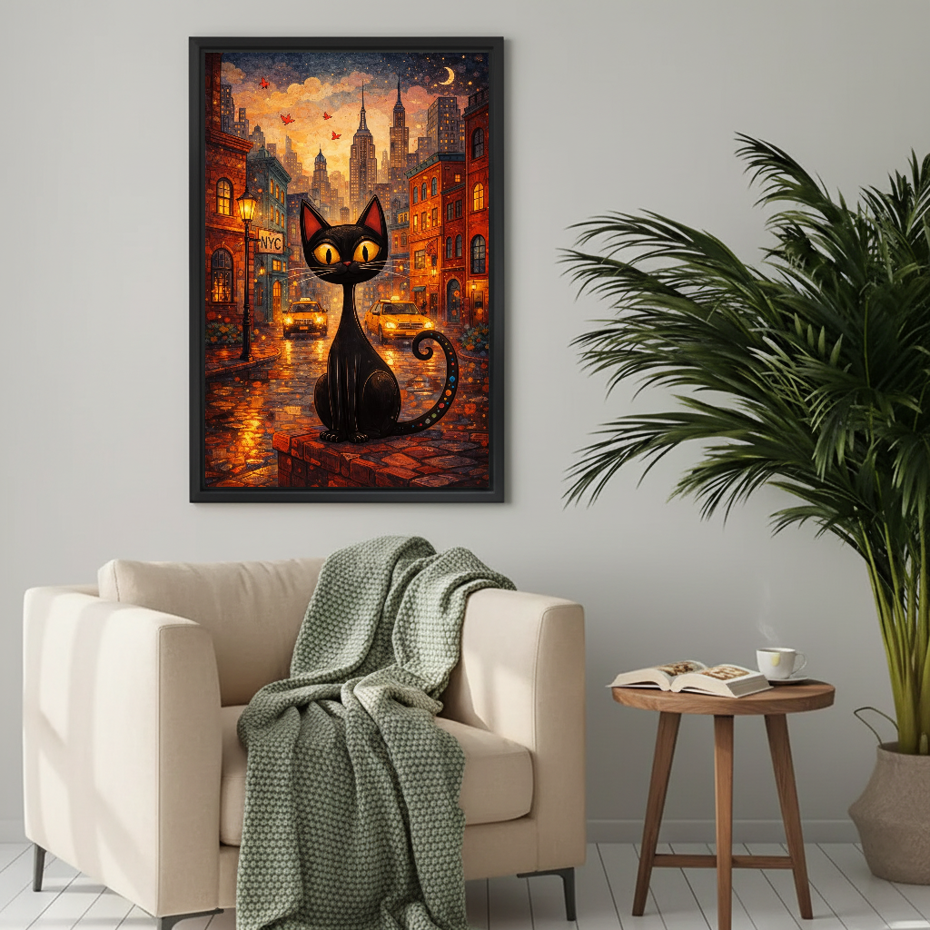 Autumn City Cat Canvas Wall Art framed above a cream armchair with green throw.