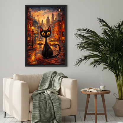 Autumn City Cat Canvas Wall Art framed above a cream armchair with green throw.