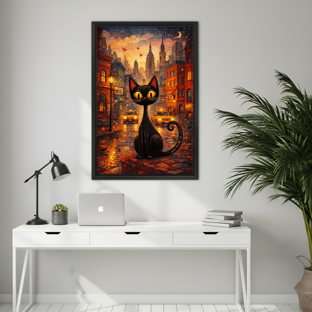 Autumn City Cat Canvas Wall Art framed above a white desk with laptop and task lamp.