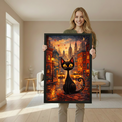Autumn City Cat Canvas Wall Art held in a black portrait frame by a standing woman.