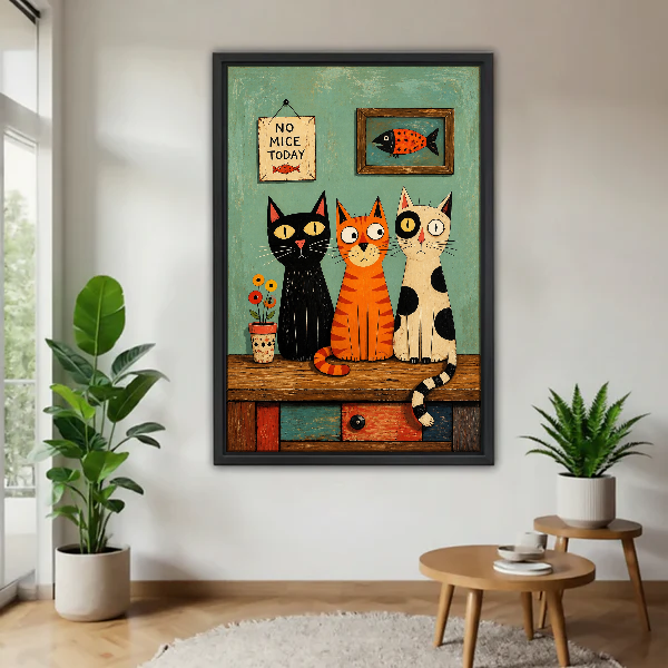 No Mice Today Cats Canvas Wall Art framed above a pale wood table beside green plants.