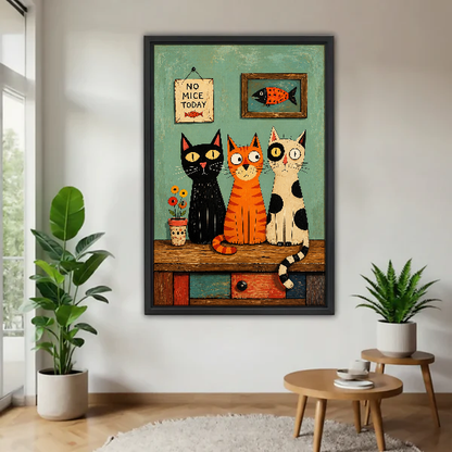 No Mice Today Cats Canvas Wall Art framed above a pale wood table beside green plants.