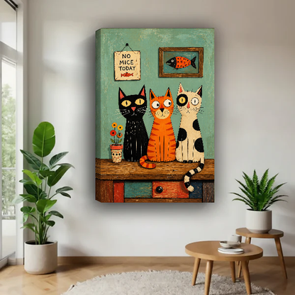 No Mice Today Cats Canvas Wall Art unframed above a pale wood table beside green plants.