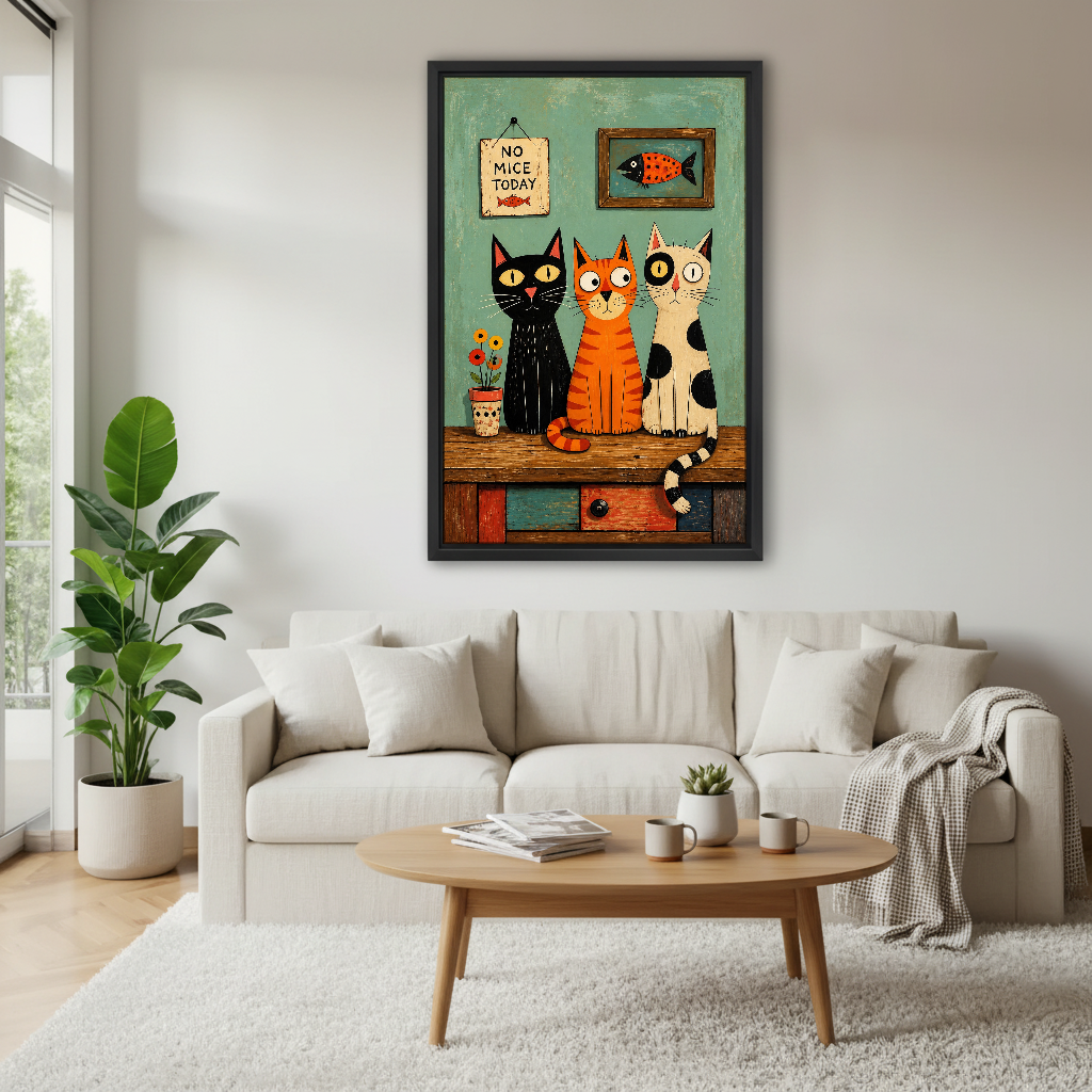No Mice Today Cats Canvas Wall Art framed above a cream sofa and round wood table.