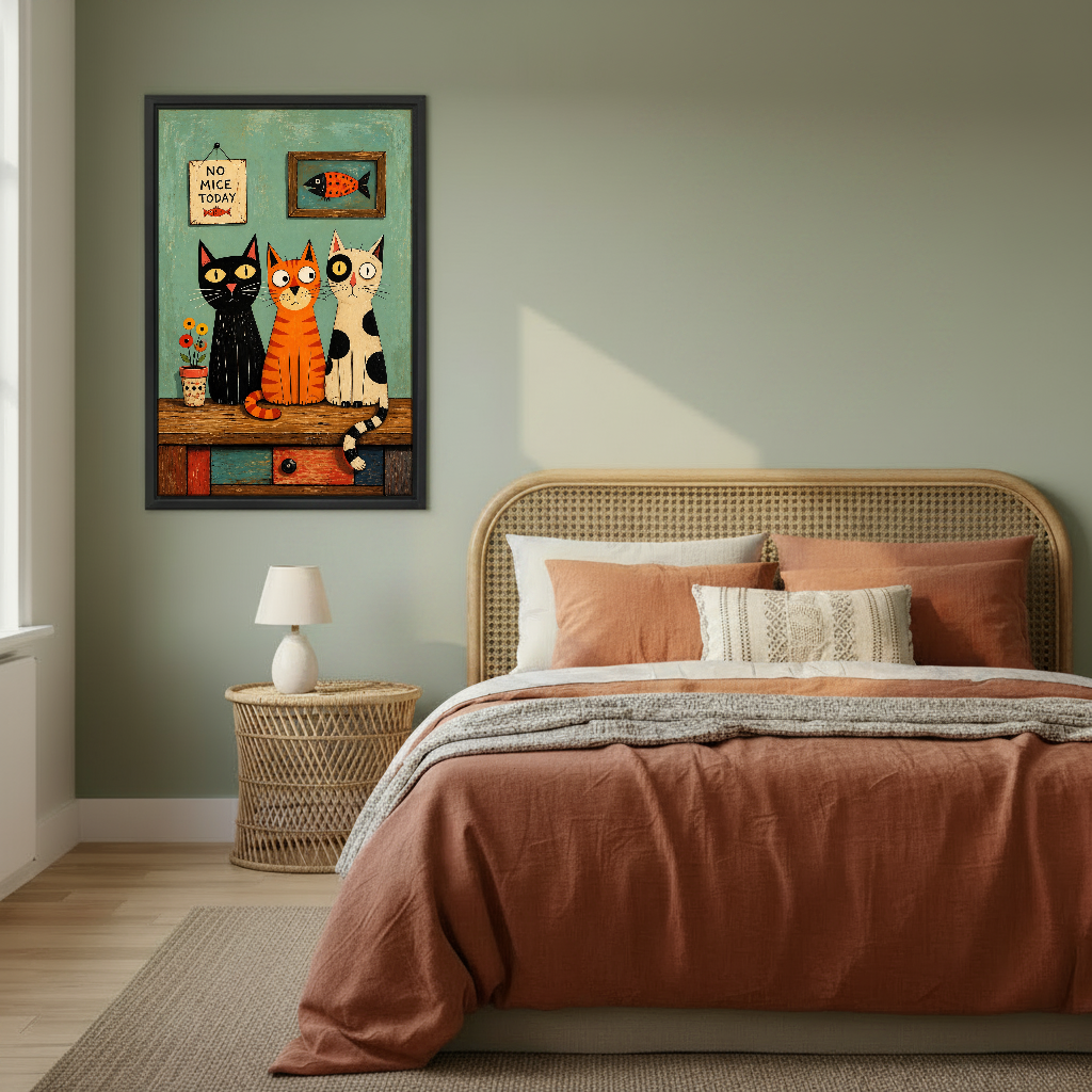 No Mice Today Cats Canvas Wall Art framed above rust bedding against a muted olive wall.