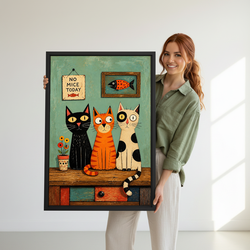 No Mice Today Cats Canvas Wall Art held in a black frame by a woman in green.