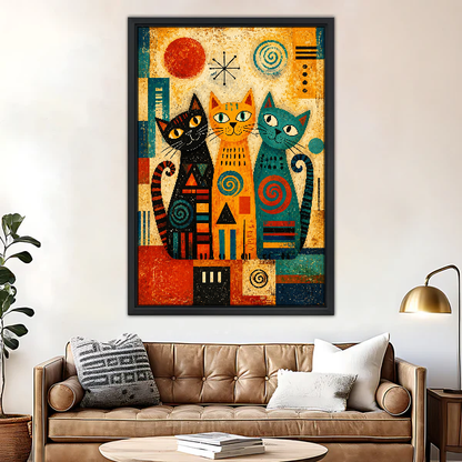 Three Geometric Folk Cats Canvas Wall Art framed above a brown leather sofa and brass lamp.