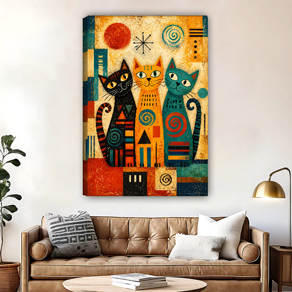 Three Geometric Folk Cats Canvas Wall Art unframed above a brown leather sofa and brass lamp.