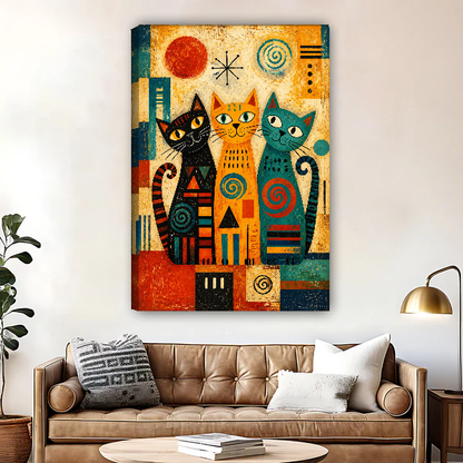Three Geometric Folk Cats Canvas Wall Art unframed above a brown leather sofa and brass lamp.