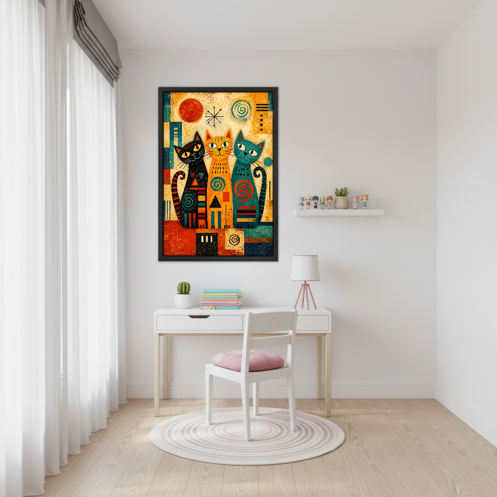 Three Geometric Folk Cats Canvas Wall Art framed above a white desk beside a pale pink chair.