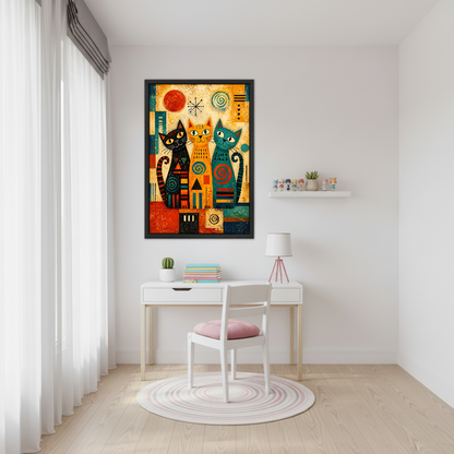 Three Geometric Folk Cats Canvas Wall Art framed above a white desk beside a pale pink chair.