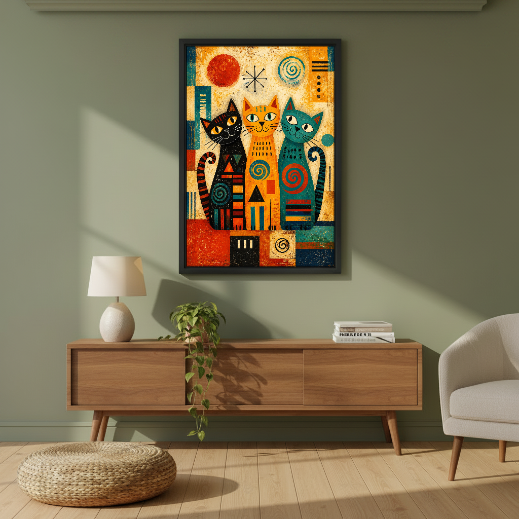 Three Geometric Folk Cats Canvas Wall Art framed above a wood console against an olive wall.