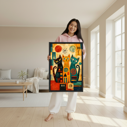 Three Geometric Folk Cats Canvas Wall Art held in a black frame by a woman in pink.