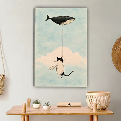 Cat Whale Balloon Dream Canvas Wall Art unframed above a light wood console and woven basket.