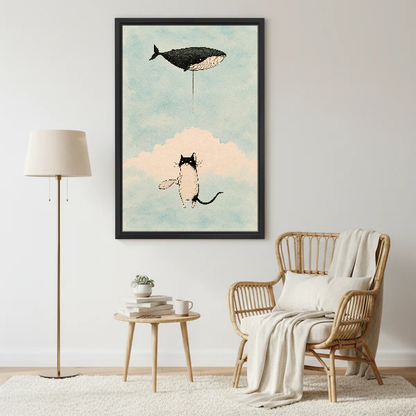 Cat Whale Balloon Dream Canvas Wall Art framed beside a wicker armchair and brass floor lamp.