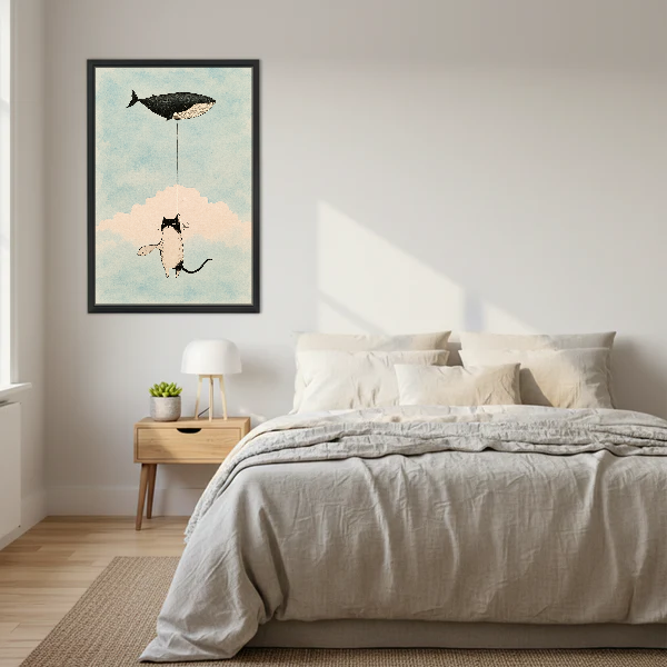 Cat Whale Balloon Dream Canvas Wall Art framed above cream bedding and pale wood nightstands.
