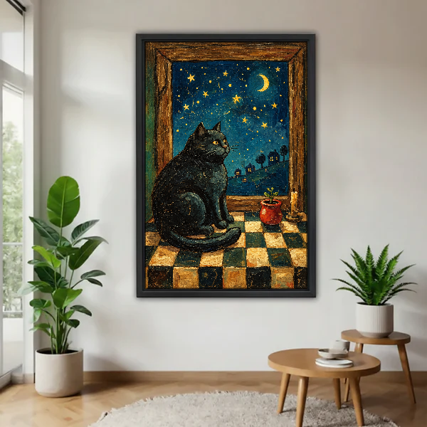 Starry Window Cat Canvas Wall Art framed above a pale wood table beside green plants.