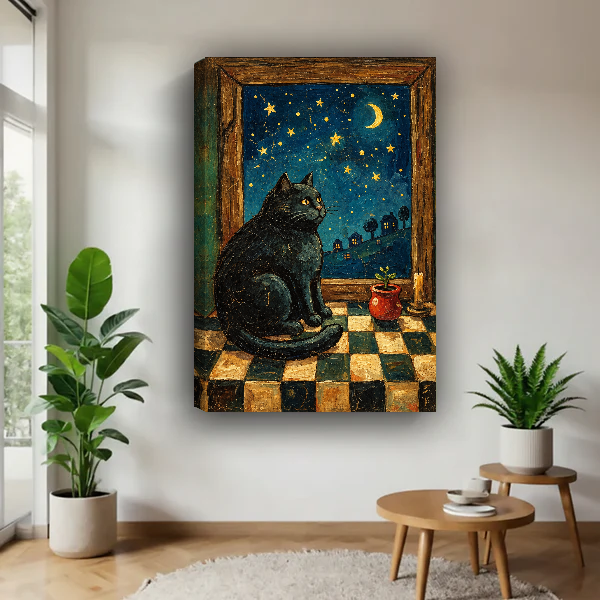 Starry Window Cat Canvas Wall Art unframed above a pale wood table beside green plants.