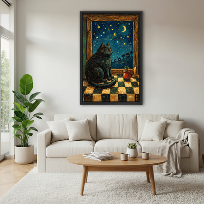 Starry Window Cat Canvas Wall Art framed above a cream sofa and round wood table.