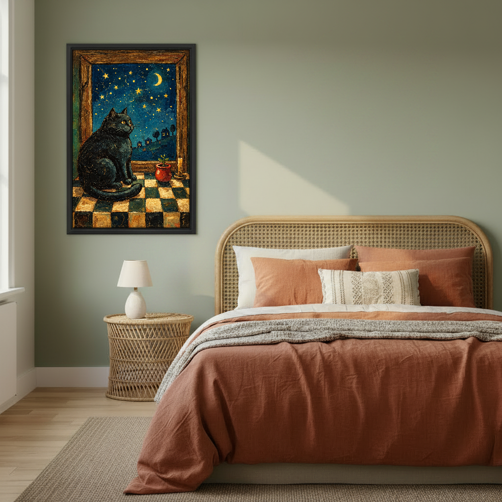 Starry Window Cat Canvas Wall Art framed above rust bedding against a muted olive wall.