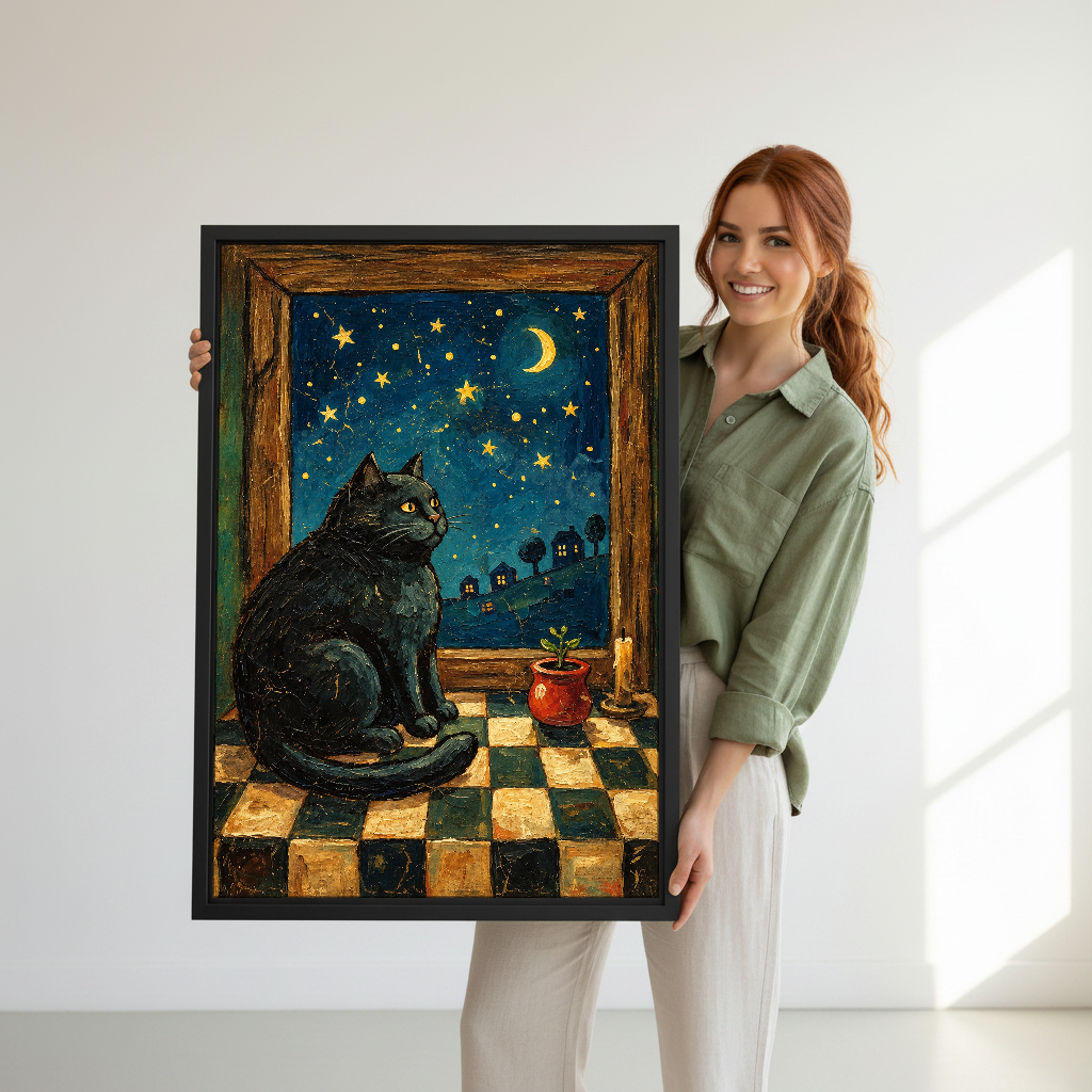 Starry Window Cat Canvas Wall Art held in a black frame by a woman in green.