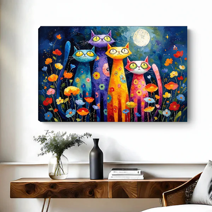 Colorful Night Cats Canvas Wall Art unframed above a wood console with black vase and branches.