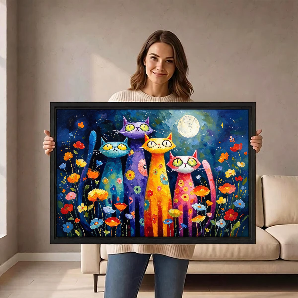 Colorful Night Cats Canvas Wall Art held by a woman before a neutral cream sofa.