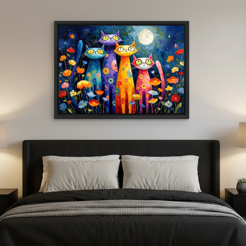 Colorful Night Cats Canvas Wall Art framed above charcoal bedding and white pillows.