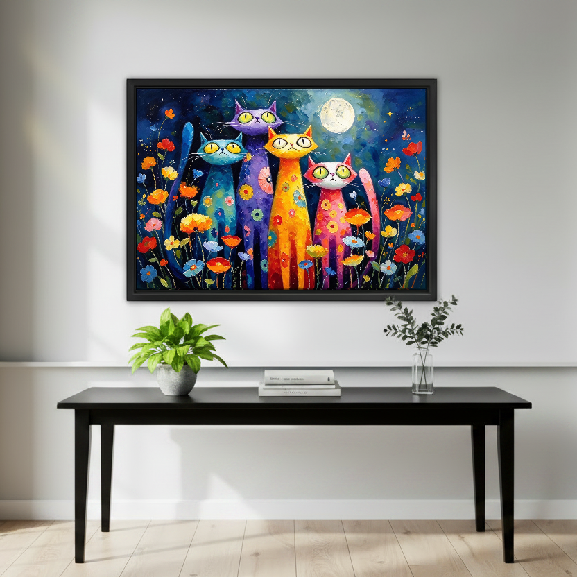 Colorful Night Cats Canvas Wall Art framed above a black console with green plants and books.