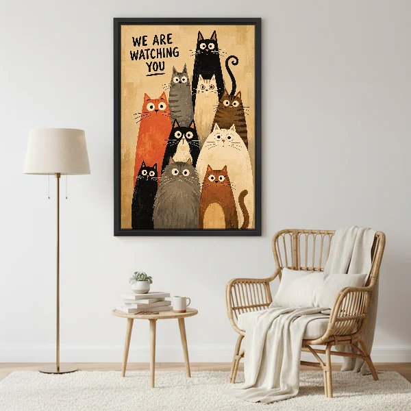 We Are Watching Cats Canvas Wall Art framed beside a wicker armchair and brass floor lamp.