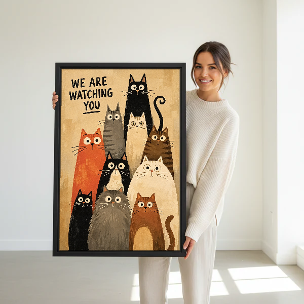 We Are Watching Cats Canvas Wall Art held in a black frame by a woman in cream.