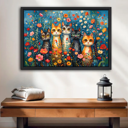 Cats Among Flowers Canvas Wall Art framed above a wood console with lantern and folded linen.