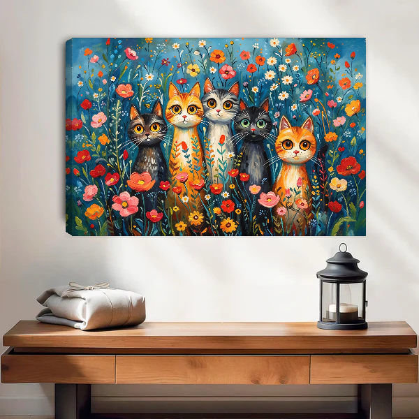 Cats Among Flowers Canvas Wall Art unframed above a wood console with lantern and folded linen.