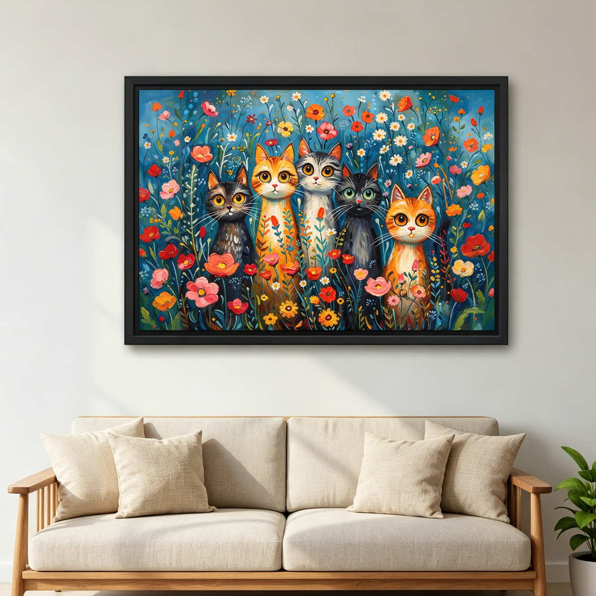 Cats Among Flowers Canvas Wall Art framed above a cream sofa with wooden arms.