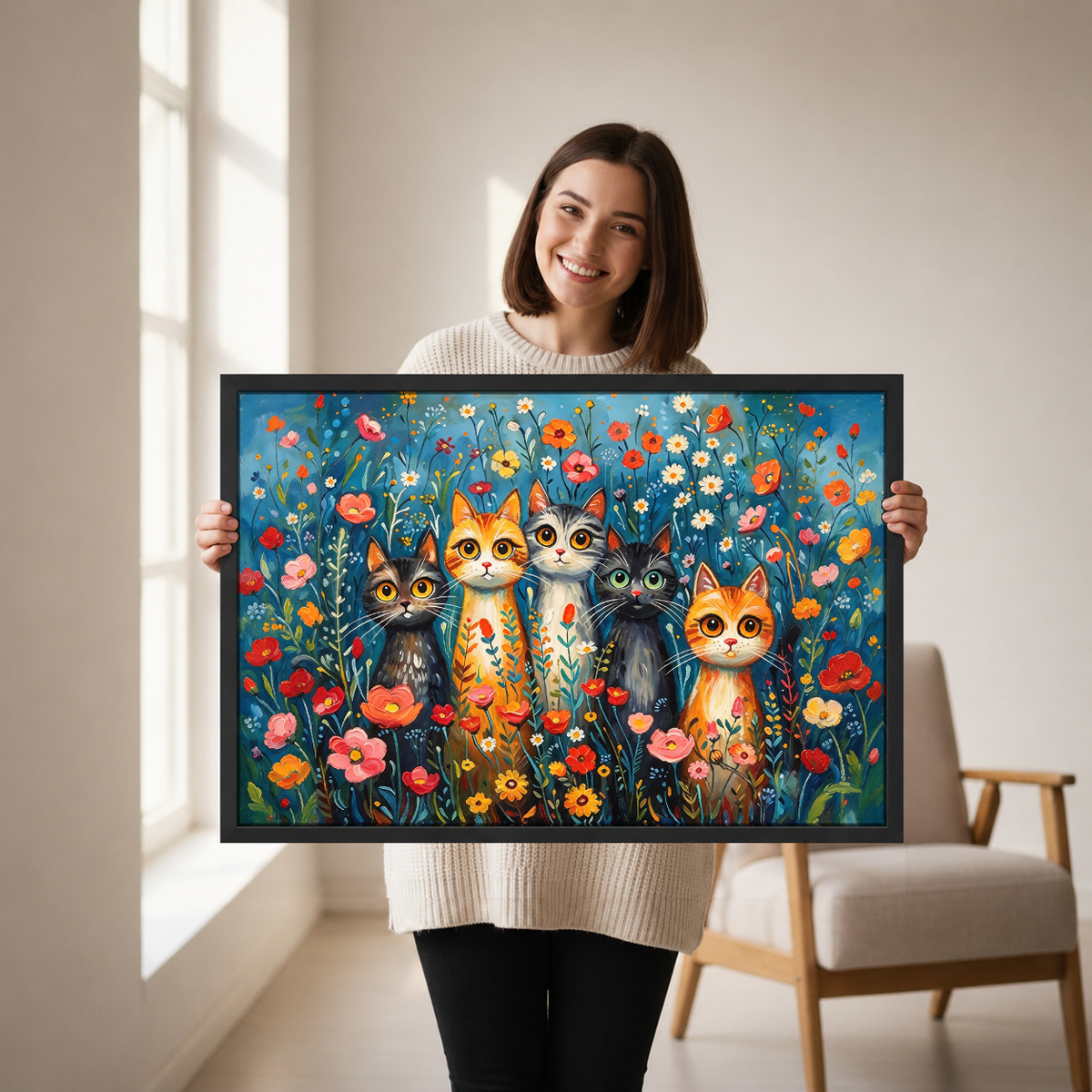 Cats Among Flowers Canvas Wall Art held by a woman in a bright neutral room.