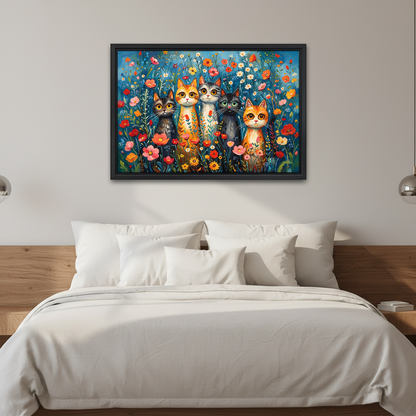 Cats Among Flowers Canvas Wall Art framed above white bedding and wooden bedside tables.