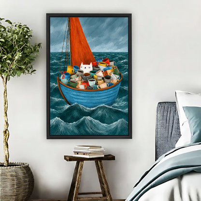 Coffee Mug Cat Boat Canvas Wall Art framed above pale blue bedding beside books and plants.