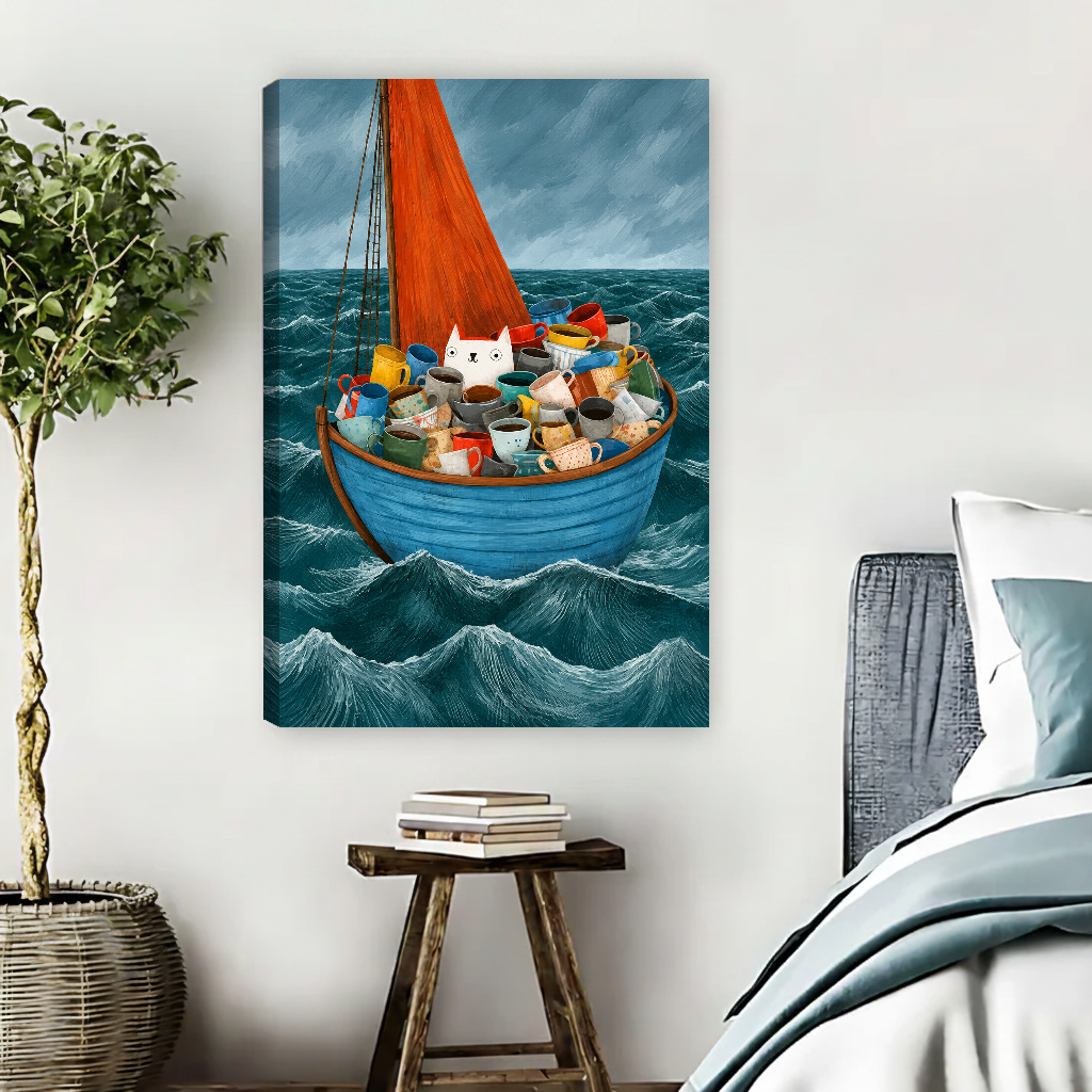 Coffee Mug Cat Boat Canvas Wall Art unframed above pale blue bedding beside a potted tree.