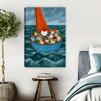 Coffee Mug Cat Boat Canvas Wall Art unframed above pale blue bedding beside a potted tree.