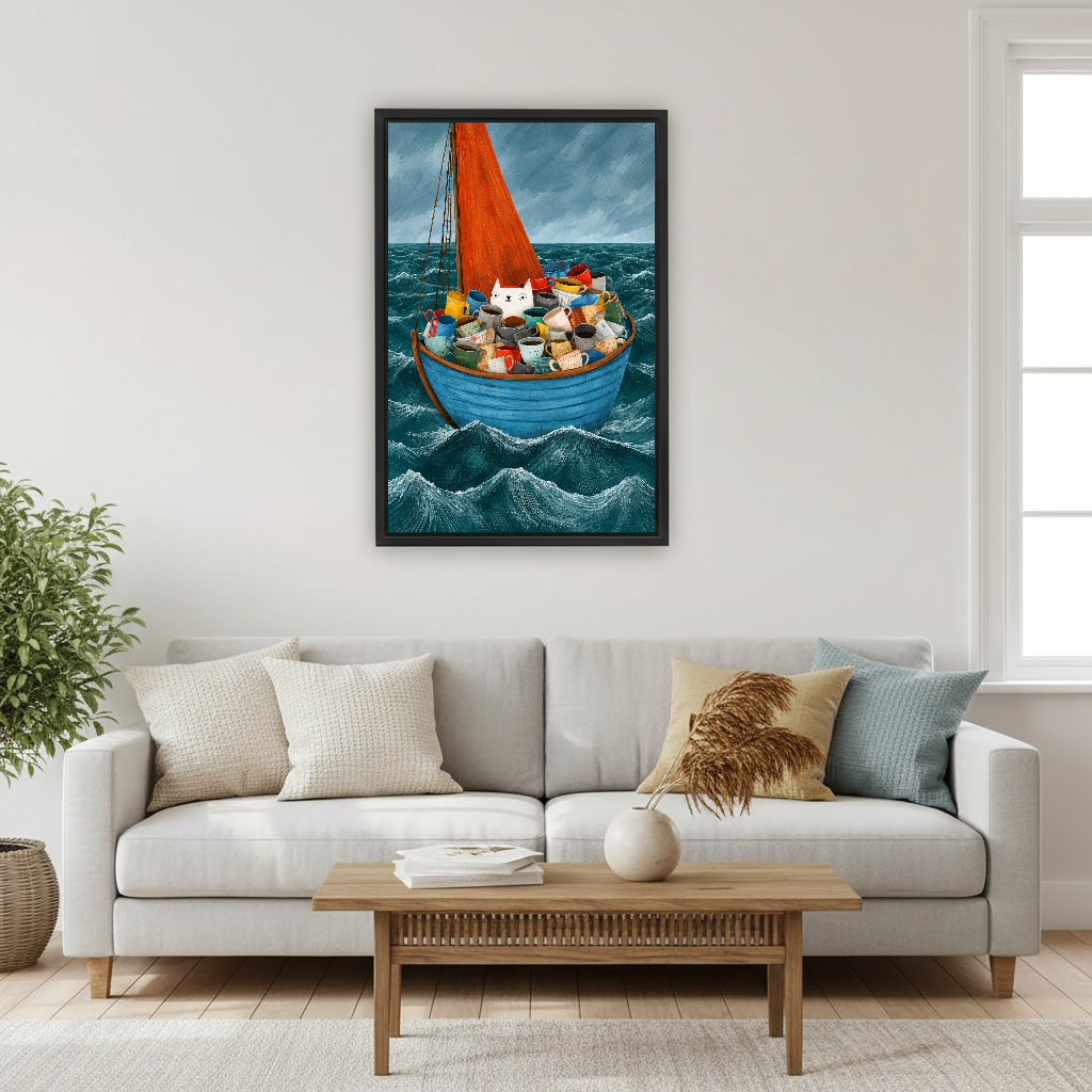 Coffee Mug Cat Boat Canvas Wall Art framed above a cream sofa with blue cushions.
