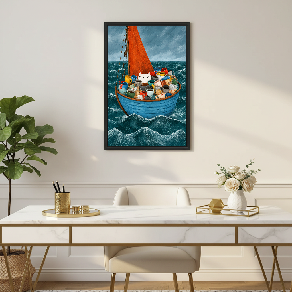Coffee Mug Cat Boat Canvas Wall Art framed above a white desk with gold legs and plants.