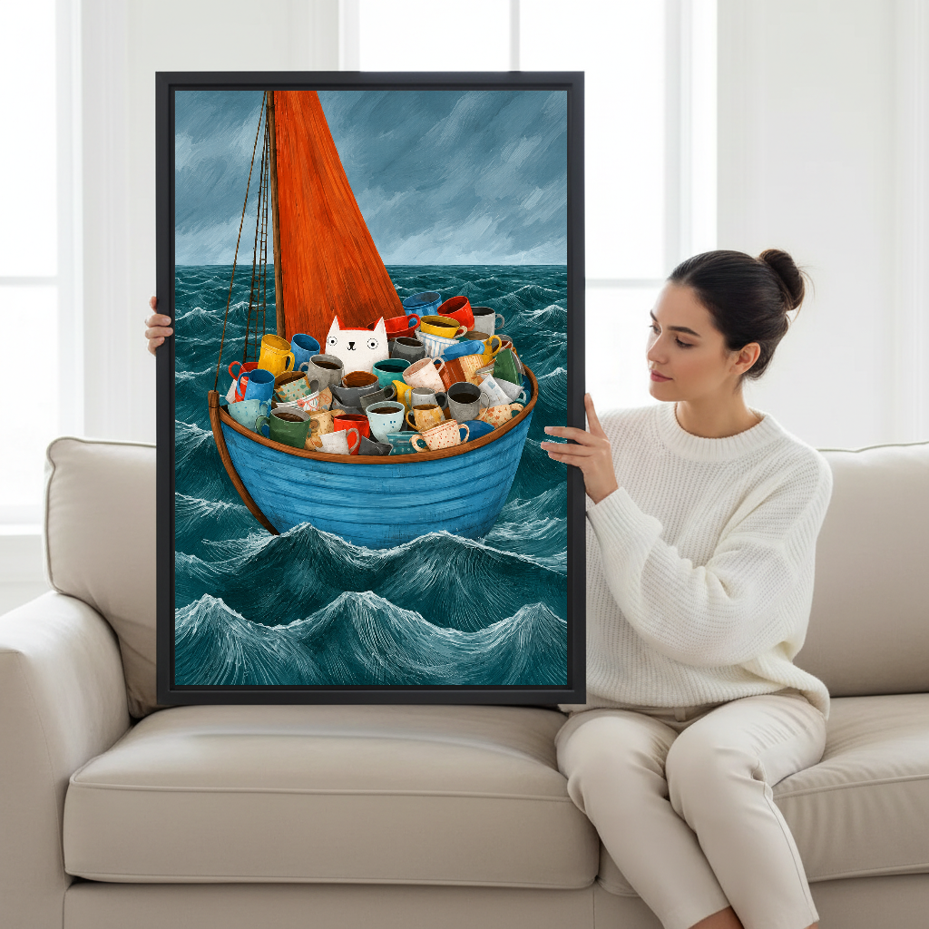 Coffee Mug Cat Boat Canvas Wall Art held by a seated woman beside a cream sofa.