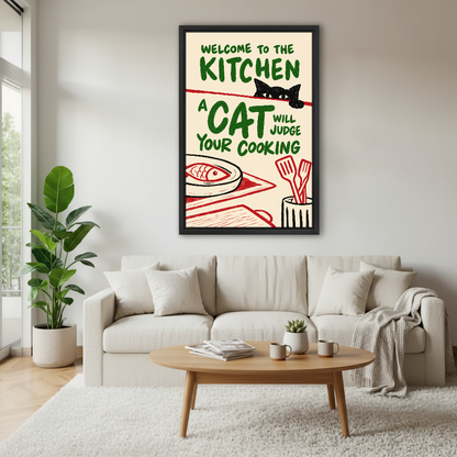 Kitchen Cat Food Critic Canvas Wall Art framed above a cream sofa and round wood table.