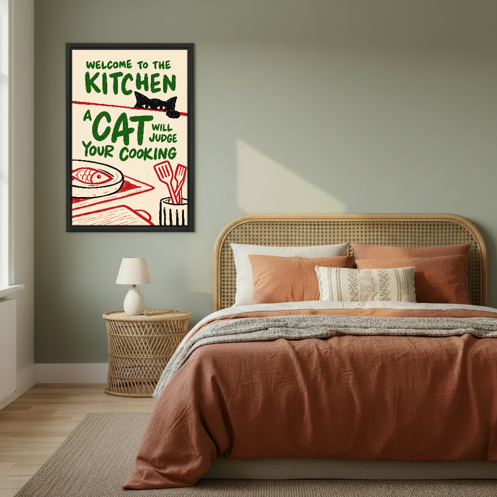 Kitchen Cat Food Critic Canvas Wall Art framed above rust bedding against a muted olive wall.