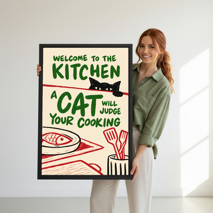 Kitchen Cat Food Critic Canvas Wall Art held in a black frame by a woman in green.