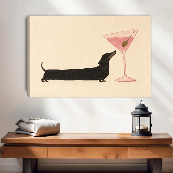 Dachshund Cocktail Pause Canvas Wall Art unframed above a wood console with lantern and folded linen.