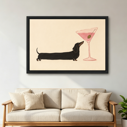 Dachshund Cocktail Pause Canvas Wall Art framed above a cream sofa with wooden arms.
