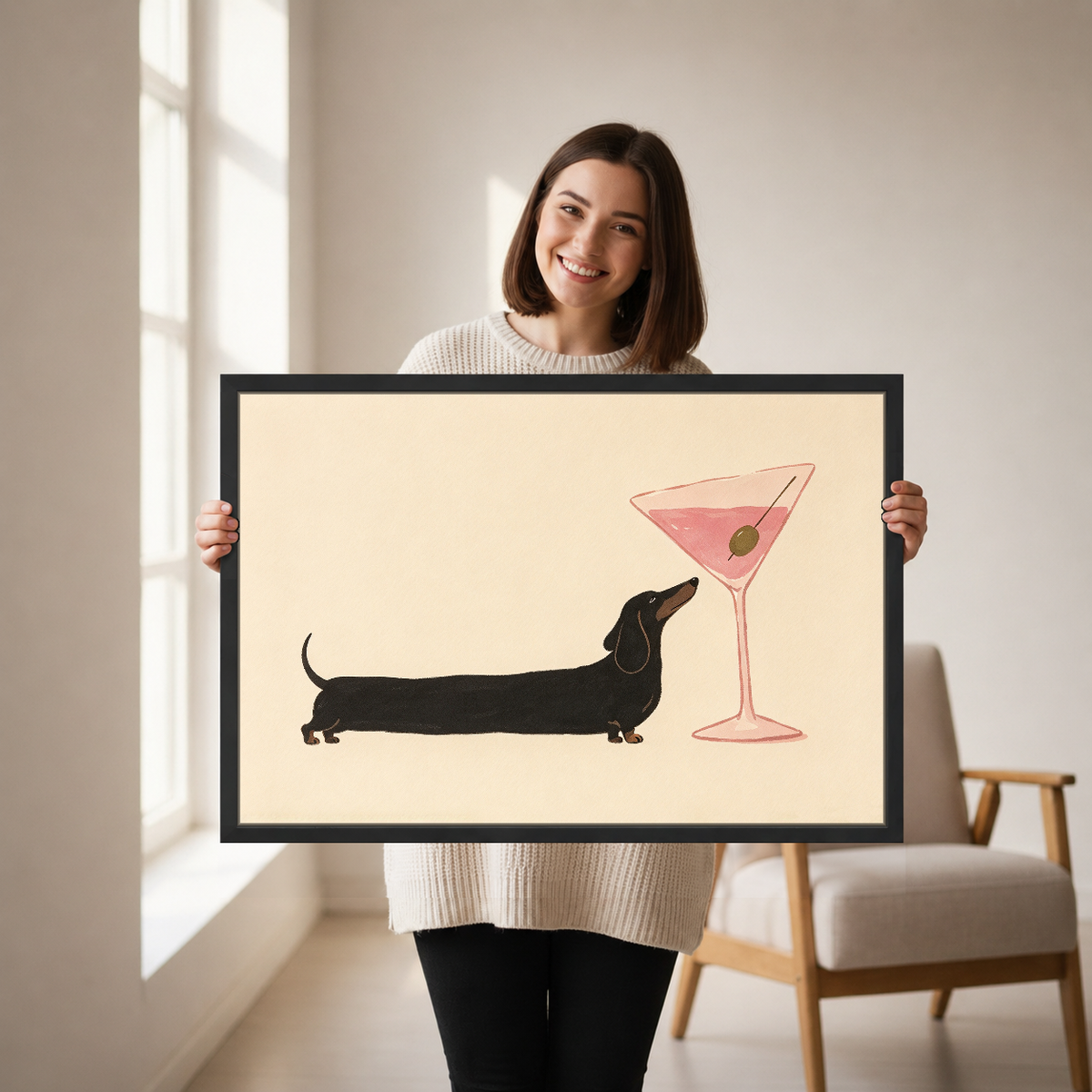 Dachshund Cocktail Pause Canvas Wall Art held by a woman in a bright neutral room.