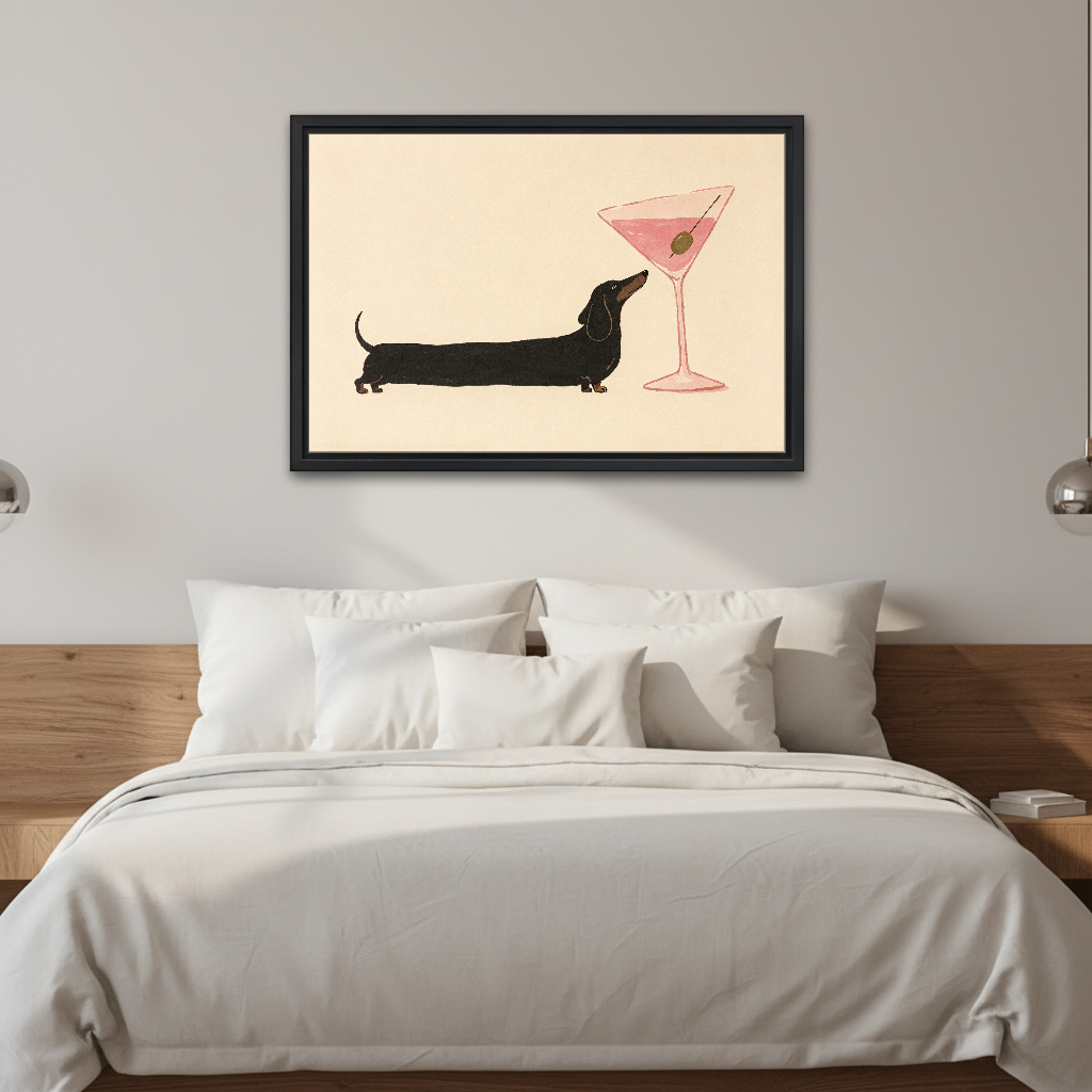 Dachshund Cocktail Pause Canvas Wall Art framed above white bedding and wooden bedside tables.