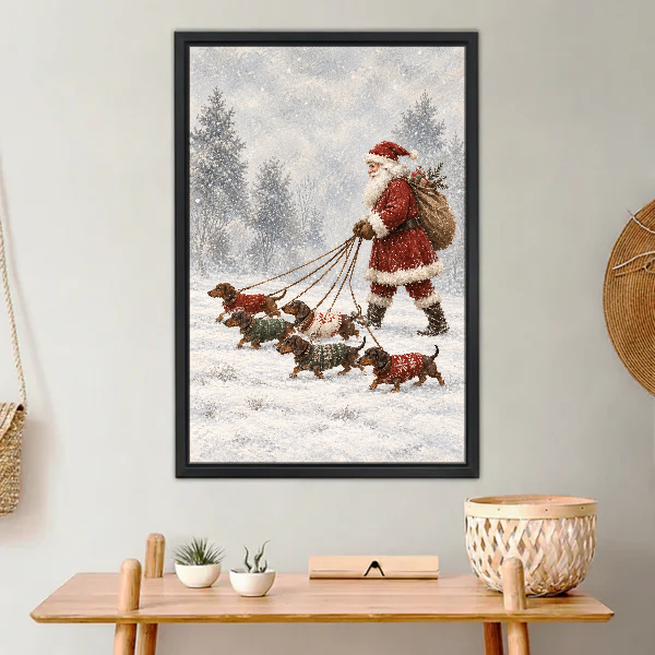 Santa Dachshund Snow Walk Canvas Wall Art framed above a light wood console with cacti.